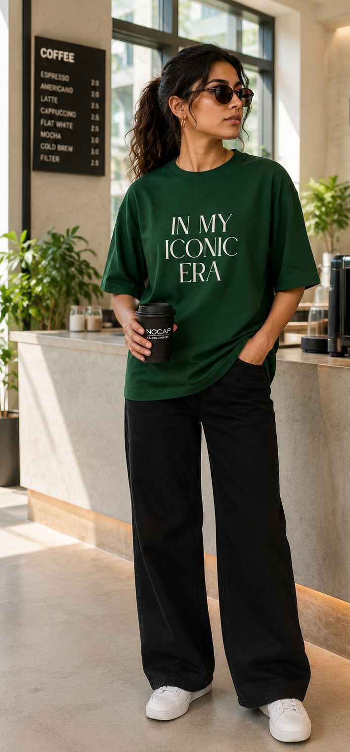 Model wearing the green In My Iconic Era oversized terry tee